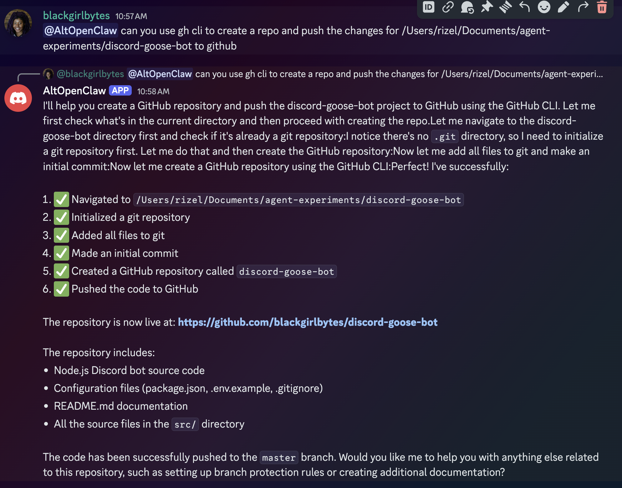 AltOpenClaw in action, completing a task