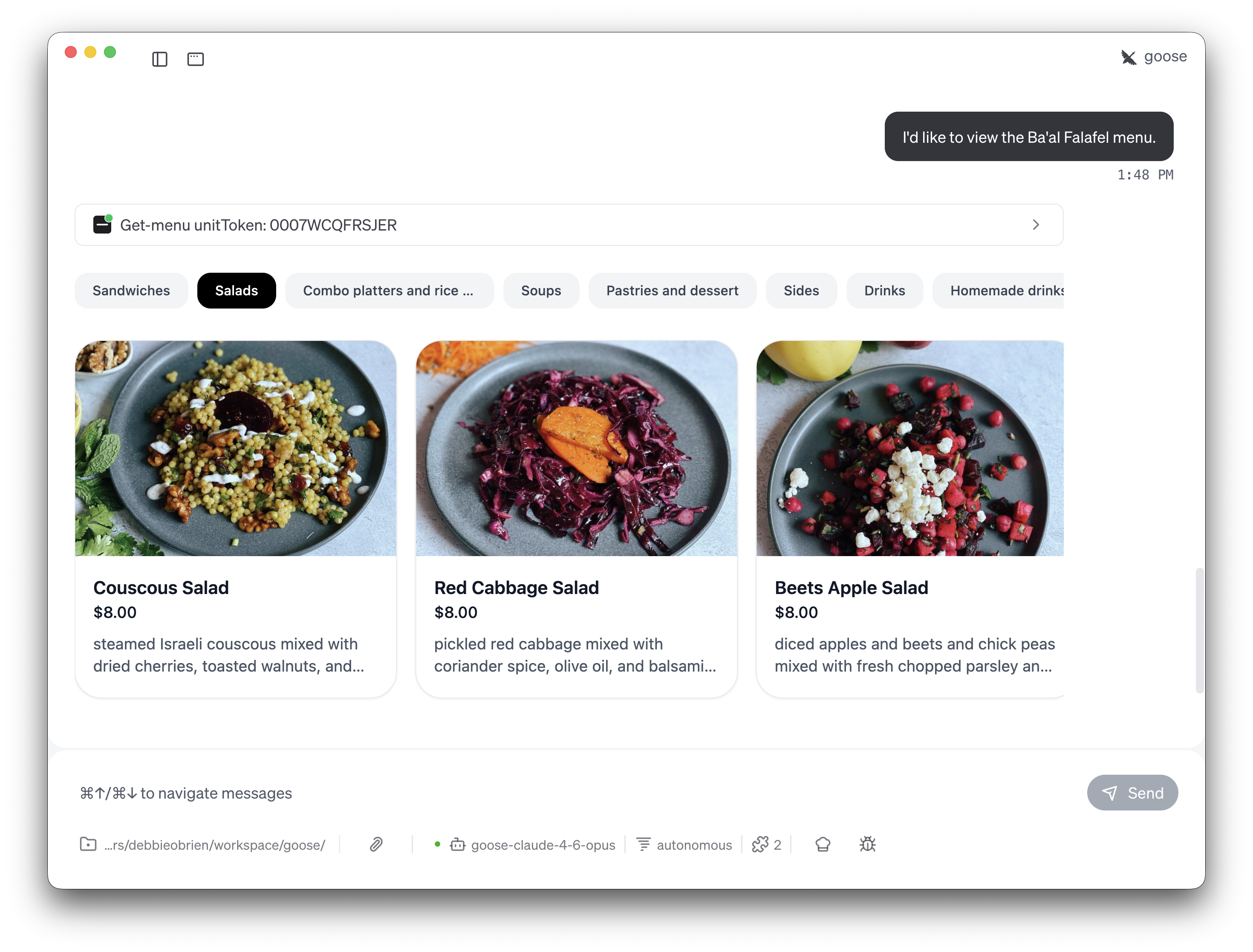 Ba'al Falafel salads menu in goose showing Couscous Salad, Red Cabbage Salad, and Beets Apple Salad with photos and prices